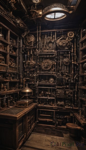 monochrome,indoors,no humans,window,table,bottle,scenery,stairs,clock,bookshelf,sepia,shelf,gears,brown theme,steampunk,book,sunlight,lamp,book stack,library,ceiling,roman numeral,ceiling light,cabinet,globe,analog clock,wall clock,loaded interior