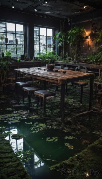 day,indoors,water,tree,no humans,window,chair,table,sunlight,plant,scenery,desk,bowl,lamp,ruins,restaurant,moss,ceiling light,overgrown,cup,book,fish,potted plant,lily pad