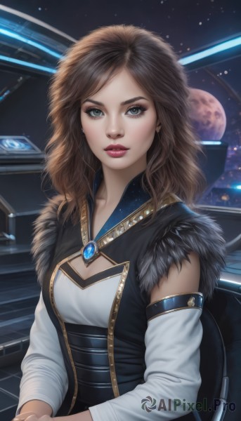 1girl,solo,long hair,breasts,looking at viewer,blue eyes,brown hair,cleavage,jewelry,medium breasts,sitting,upper body,earrings,detached sleeves,lips,fur trim,window,makeup,moon,cleavage cutout,own hands together,lipstick,gem,star (sky),science fiction,realistic,nose,red lips,space,planet,bangs,dress,parted lips,artist name,grey eyes,clothing cutout,eyelashes,chair,corset,eyeshadow,mascara