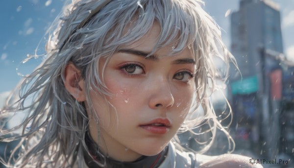 1girl,solo,long hair,looking at viewer,short hair,bangs,brown eyes,white hair,grey hair,hairband,outdoors,parted lips,sky,teeth,day,artist name,medium hair,blurry,lips,wet,eyelashes,depth of field,blurry background,wind,building,portrait,close-up,freckles,water drop,city,realistic,nose,wet hair,sweat,blue sky,grey eyes,floating hair,snow,snowing,winter