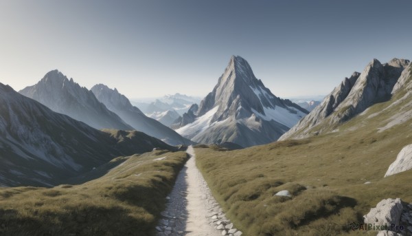 outdoors,sky,day,cloud,tree,blue sky,no humans,grass,nature,scenery,snow,rock,mountain,road,landscape,mountainous horizon,path