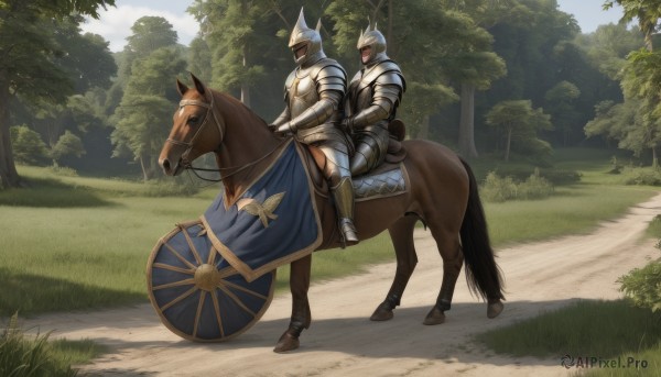 weapon,male focus,boots,outdoors,multiple boys,sky,day,2boys,cape,armor,tree,brown footwear,helmet,grass,shoulder armor,gauntlets,nature,scenery,1other,forest,pauldrons,shield,breastplate,armored boots,bush,riding,greaves,horse,knight,full armor,holding shield,ambiguous gender,path,horseback riding,helm,plate armor,reins,saddle,1girl,holding,cloud,animal,multiple others,chainmail