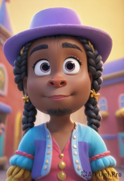 1girl,solo,long hair,looking at viewer,smile,shirt,black hair,hair ornament,hat,bow,brown eyes,jewelry,closed mouth,purple eyes,upper body,braid,hair bow,earrings,outdoors,dark skin,necklace,blurry,twin braids,dark-skinned female,lips,buttons,blurry background,facial hair,thick eyebrows,child,beard,furry,yellow bow,female child,fringe trim,multiple braids,collarbone,jacket,short sleeves,open clothes,artist name,vest,flat chest,watermark,backlighting,pink shirt,arms at sides,unbuttoned,red vest,purple headwear,blue vest,open vest,cowboy hat,pink vest