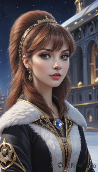 1girl,solo,long hair,looking at viewer,bangs,brown hair,brown eyes,jewelry,upper body,hairband,earrings,outdoors,sky,necklace,blurry,lips,fur trim,makeup,night,brooch,gem,star (sky),night sky,starry sky,freckles,realistic,nose,parted lips,artist name,eyelashes,building