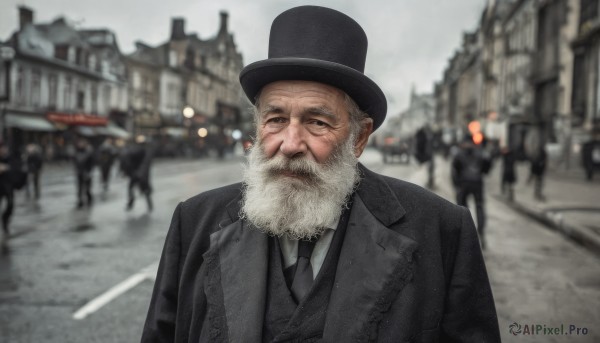 solo,looking at viewer,shirt,1boy,hat,jacket,white shirt,upper body,white hair,male focus,outdoors,necktie,solo focus,collared shirt,blurry,coat,black jacket,black headwear,depth of field,blurry background,facial hair,parody,formal,suit,ground vehicle,black necktie,beard,meme,top hat,realistic,mustache,manly,old,old man,photo background,real life insert,closed mouth,day,vest,building,city,car,road,street,crowd,grey sky