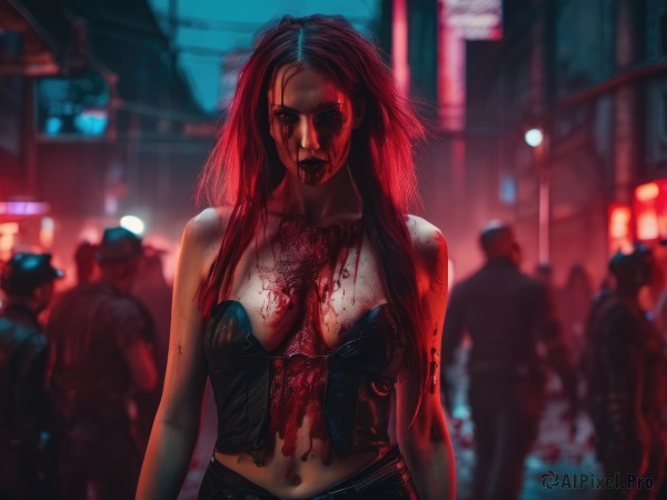 1girl,long hair,breasts,looking at viewer,black hair,hat,navel,cleavage,bare shoulders,medium breasts,collarbone,red hair,outdoors,multiple boys,solo focus,midriff,blurry,lips,blood,depth of field,blurry background,corset,blood on face,realistic,blood on clothes,police,police uniform,zombie,blood splatter,bustier,death,guro,corpse,upper body,black eyes,strapless,night,city,horror (theme),blood on arm