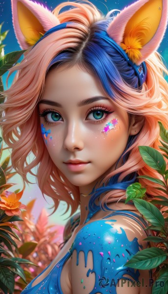 1girl,solo,long hair,breasts,looking at viewer,smile,bangs,blue eyes,blonde hair,hair ornament,animal ears,bare shoulders,jewelry,medium breasts,closed mouth,green eyes,blue hair,upper body,pink hair,flower,multicolored hair,hairband,outdoors,sky,day,shiny,artist name,cat ears,hair flower,star (symbol),blurry,from side,two-tone hair,aqua eyes,lips,fox ears,eyelashes,gradient hair,makeup,fake animal ears,leaf,watermark,facial mark,piercing,plant,portrait,eyeshadow,freckles,pink lips,realistic,yellow flower,nose,eyeliner,facepaint,blue hairband,mascara,shirt,signature,blue sky,looking to the side,depth of field,blurry background,blue shirt,lipstick,star (sky),web address,light particles,forehead,pink flower,star print