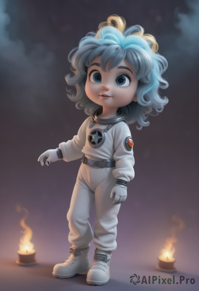 1girl,solo,looking at viewer,short hair,blue eyes,gloves,blue hair,standing,full body,boots,parted lips,shoes,belt,artist name,white gloves,lips,watermark,white footwear,fire,child,web address,freckles,candle,spacesuit,multicolored hair,star (symbol),sneakers