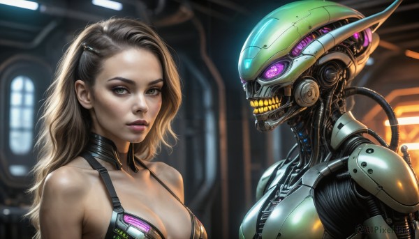 HQ,1girl,long hair,breasts,looking at viewer,multiple girls,brown hair,hair ornament,2girls,cleavage,bare shoulders,brown eyes,medium breasts,green eyes,upper body,parted lips,teeth,choker,hairclip,blurry,lips,makeup,blurry background,robot,mecha,freckles,science fiction,realistic,android,cable,cyborg,cyberpunk,black hair,purple eyes,swimsuit,bikini,indoors,glowing,glowing eyes,bikini top only,eyeshadow,nose