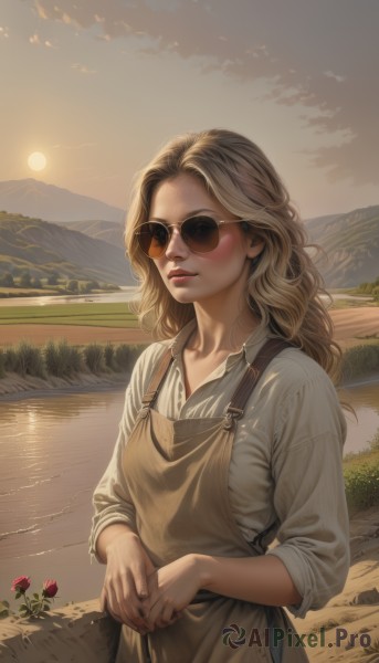 1girl,solo,long hair,blonde hair,shirt,long sleeves,standing,white shirt,flower,cowboy shot,outdoors,parted lips,sky,collared shirt,cloud,water,apron,lips,wavy hair,sunlight,sunglasses,own hands together,sleeves rolled up,sunset,mountain,realistic,nose,sun,tinted eyewear,river,mountainous horizon,lake,orange-tinted eyewear,aviator sunglasses,breasts,looking at viewer,blush,blue eyes,brown hair,holding,closed mouth,upper body,glasses,bag,nail polish,rose,grass,red flower,reflection,round eyewear