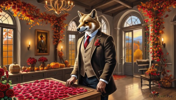 solo,long sleeves,1boy,standing,jacket,flower,male focus,food,necktie,pants,indoors,vest,black jacket,no humans,window,rose,animal,leaf,chair,black pants,formal,table,suit,red necktie,red flower,furry,dog,red rose,wooden floor,candle,autumn leaves,furry male,black suit,painting (object),candlestand,blue eyes,shirt,animal ears,closed mouth,day,collared shirt,tree,fire,plant,halloween,jack-o'-lantern,pumpkin,wolf,vase,brown vest,snout,picture (object),fireplace,candlelight