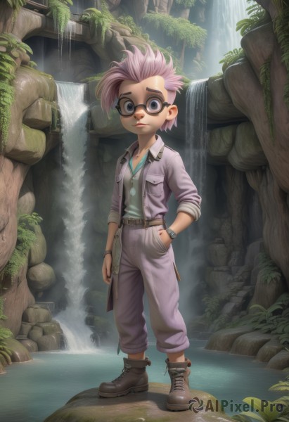 1girl,solo,looking at viewer,smile,short hair,shirt,1boy,brown eyes,jewelry,closed mouth,standing,jacket,full body,pink hair,male focus,boots,outdoors,open clothes,glasses,belt,pants,artist name,signature,water,necklace,bracelet,open jacket,buttons,brown footwear,plant,goggles,wristband,nature,sleeves rolled up,pocket,watch,hand in pocket,rock,ankle boots,wristwatch,breast pocket,jumpsuit,waterfall,moss,blue eyes,purple hair,multicolored hair,two-tone hair