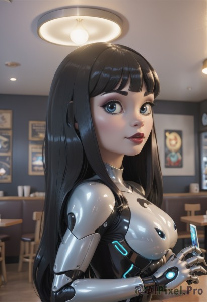 1girl,solo,long hair,breasts,looking at viewer,smile,bangs,blue eyes,black hair,medium breasts,upper body,shiny,indoors,blunt bangs,blurry,shiny hair,from side,cup,lips,shiny skin,bodysuit,makeup,blurry background,thick eyebrows,lipstick,science fiction,shiny clothes,nose,android,red lips,joints,mechanical arms,cyborg,robot joints,cyberpunk,light bulb,holding,closed mouth,small breasts,parted lips,artist name,signature,looking to the side,eyelashes,depth of field,glowing,halo,chair,table,straight hair,skin tight,latex,mascara,ceiling light