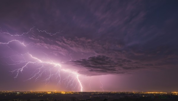 outdoors,sky,cloud,no humans,night,cloudy sky,building,scenery,sunset,city,horizon,electricity,cityscape,lightning,landscape,city lights,purple sky,monochrome,night sky