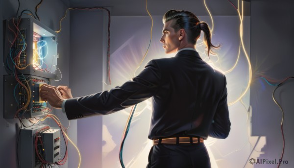 solo,shirt,black hair,long sleeves,1boy,standing,jacket,ponytail,male focus,necktie,belt,pants,indoors,from behind,black jacket,black pants,formal,suit,science fiction,blue necktie,realistic,cable,monitor,wire,short hair,upper body,black shirt,android,electricity,black suit