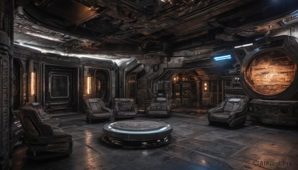 indoors,no humans,ground vehicle,scenery,science fiction,vehicle focus,window,realistic,light,spacecraft,concept art,cockpit