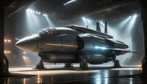 HQ,indoors,signature,military,no humans,robot,mecha,reflection,science fiction,light rays,realistic,aircraft,military vehicle,light,vehicle focus,spacecraft,lights,1boy,helmet,airplane,cable,spacesuit,jet,cockpit,fighter jet,pilot