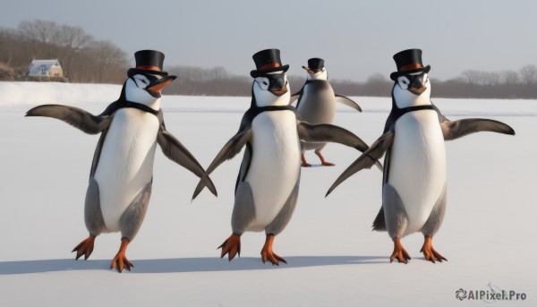 hat,standing,outdoors,day,artist name,signature,tree,no humans,black headwear,shadow,bird,animal,snow,top hat,animal focus,penguin,duck,closed eyes,scenery