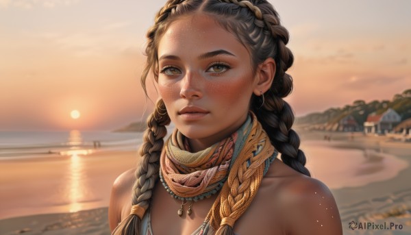 1girl,solo,long hair,looking at viewer,brown hair,black hair,bare shoulders,brown eyes,jewelry,upper body,braid,earrings,outdoors,parted lips,sky,dark skin,water,necklace,scarf,blurry,twin braids,dark-skinned female,lips,blurry background,ocean,beach,piercing,portrait,forehead,freckles,sunset,realistic,nose,sand,sun,river,very dark skin,desert,multiple braids,collarbone,sunlight,backlighting