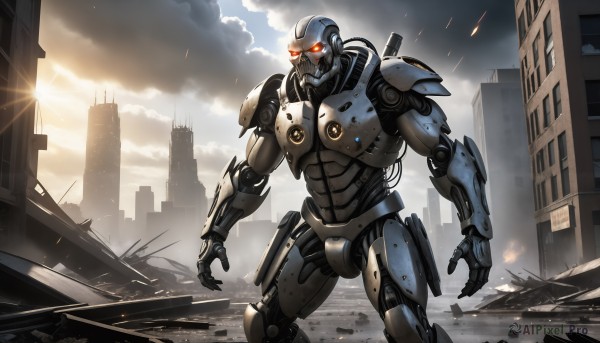 HQ,solo,red eyes,1boy,standing,weapon,male focus,outdoors,sky,cloud,armor,no humans,glowing,cloudy sky,robot,building,mecha,glowing eyes,lens flare,science fiction,city,realistic,ruins,damaged,open hands,power armor,debris,military,sun,cityscape