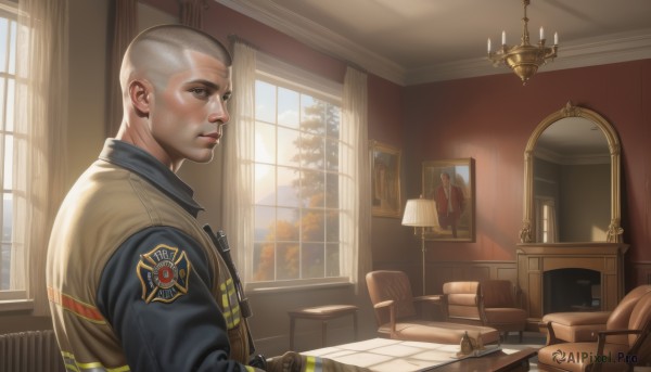 solo,short hair,shirt,gloves,1boy,upper body,male focus,indoors,uniform,vest,tree,book,window,facial hair,chair,table,sunlight,curtains,desk,mirror,realistic,lamp,candle,bald,very short hair,police,police uniform,candlestand,bulletproof vest,brown eyes,closed mouth,jacket,weapon,white hair,day,gun,couch,reflection