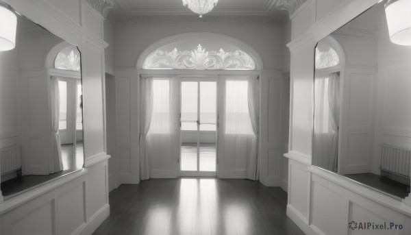 monochrome,greyscale,indoors,no humans,window,shadow,sunlight,curtains,scenery,wooden floor,stairs,door,light,lamp,hallway,reflection,ceiling light,reflective floor