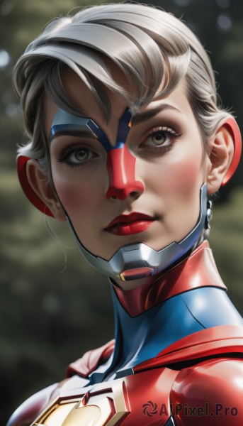 1girl,solo,looking at viewer,short hair,brown eyes,upper body,grey hair,blurry,lips,eyelashes,bodysuit,makeup,mask,blurry background,lipstick,portrait,genderswap,close-up,genderswap (mtf),realistic,nose,red lips,animification,superhero,red bodysuit,closed mouth,eyeshadow,backlighting