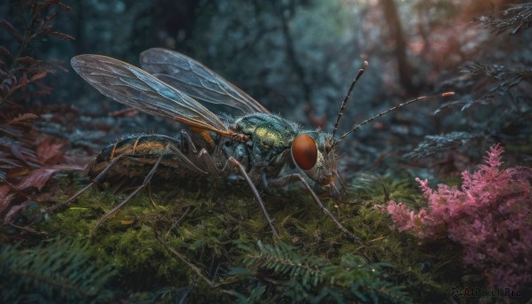 outdoors, wings, blurry, tree, no humans, depth of field, bug, nature, forest, realistic, antennae