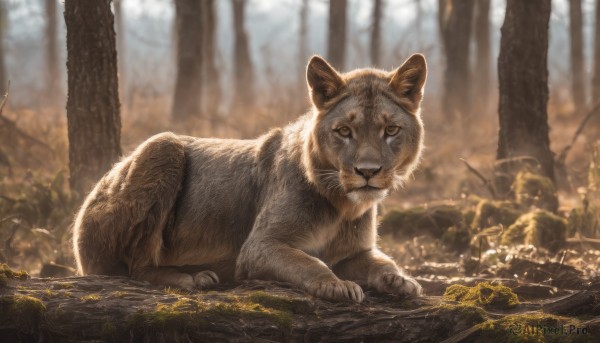 looking at viewer,outdoors,lying,day,blurry,tree,no humans,depth of field,blurry background,bird,animal,fangs,cat,nature,forest,realistic,animal focus,signature