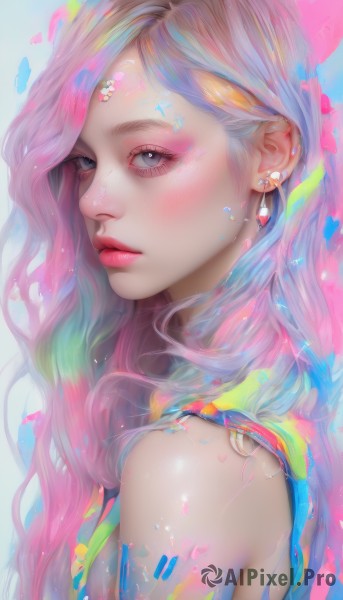 1girl,solo,long hair,breasts,looking at viewer,blush,blue eyes,bare shoulders,jewelry,closed mouth,upper body,pink hair,multicolored hair,earrings,from side,lips,grey eyes,eyelashes,makeup,piercing,lipstick,ear piercing,portrait,eyeshadow,realistic,nose,eyeliner,colorful,mascara,rainbow hair,blonde hair,gradient hair,pink lips