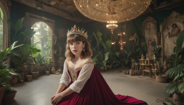 1girl,solo,long hair,breasts,looking at viewer,smile,bangs,brown hair,long sleeves,dress,cleavage,bare shoulders,brown eyes,jewelry,sitting,collarbone,earrings,parted lips,indoors,off shoulder,cape,lips,window,makeup,bird,red dress,own hands together,tiara,crown,plant,lipstick,scenery,red lips,potted plant,candle,statue,blue eyes,blunt bangs,medium hair,realistic