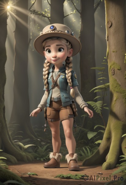 1girl,solo,long hair,looking at viewer,smile,blonde hair,shirt,long sleeves,hat,twintails,brown eyes,closed mouth,standing,jacket,full body,white shirt,braid,boots,outdoors,open clothes,shorts,belt,vest,twin braids,tree,thigh strap,brown footwear,sunlight,child,nature,forest,pouch,brown headwear,female child,ankle boots,short over long sleeves,brown shorts,short sleeves,fur trim,thick eyebrows,light rays,blue vest,sunbeam,fur-trimmed boots