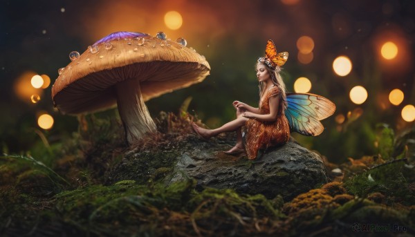 1girl,solo,long hair,hair ornament,dress,sitting,outdoors,wings,barefoot,blurry,from side,tree,profile,night,depth of field,blurry background,grass,bug,plant,butterfly,nature,scenery,light particles,forest,minigirl,water drop,rock,antennae,fairy wings,fairy,mushroom,bokeh,butterfly wings,orange dress,moss,insect wings,fireflies,hat,looking up,realistic