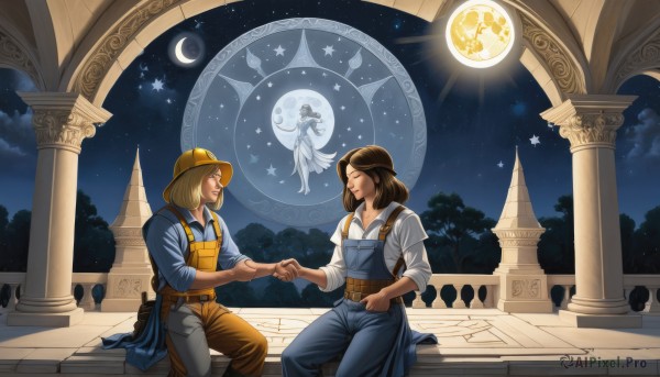 1girl,long hair,smile,multiple girls,blonde hair,brown hair,shirt,1boy,hat,2girls,sitting,closed eyes,white shirt,weapon,outdoors,wings,sky,belt,pants,cloud,medium hair,star (symbol),tree,night,holding hands,facial hair,moon,helmet,star (sky),night sky,full moon,sleeves rolled up,starry sky,overalls,holster,crescent moon,pillar,castle,statue,fountain,male focus,multiple boys,2boys,couple,beard,animification