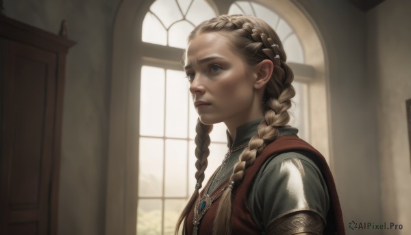 1girl,solo,long hair,blue eyes,blonde hair,brown hair,hair ornament,jewelry,closed mouth,upper body,braid,indoors,necklace,armor,blurry,twin braids,from side,lips,window,sunlight,hair over shoulder,freckles,realistic,nose,multiple braids,day,portrait,backlighting,crown braid