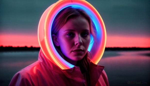 HQ,1girl,solo,long hair,looking at viewer,brown hair,upper body,outdoors,parted lips,water,black eyes,lips,makeup,freckles,reflection,realistic,nose,spacesuit,space helmet,astronaut,blue eyes,jacket,sky,blurry,ocean,portrait,backlighting,science fiction,sunset,horizon