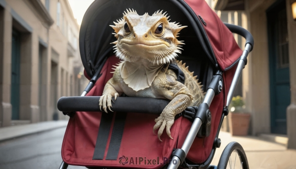 HQ,solo,jacket,outdoors,day,bag,blurry,black eyes,no humans,tattoo,depth of field,blurry background,animal,plant,ground vehicle,building,claws,red jacket,road,animal focus,street,wheelchair,looking at viewer,horns,monster,dragon,scales