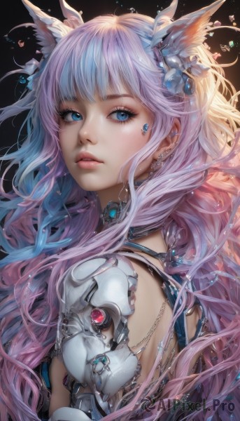 1girl,solo,long hair,looking at viewer,bangs,blue eyes,hair ornament,animal ears,jewelry,blue hair,upper body,pink hair,multicolored hair,earrings,parted lips,choker,looking back,artist name,cat ears,from side,two-tone hair,lips,eyelashes,gradient hair,makeup,wavy hair,piercing,black background,gem,ear piercing,science fiction,pink lips,realistic,nose,cyborg,very long hair,purple hair,flower,teeth,hair flower,necklace,armor,looking to the side