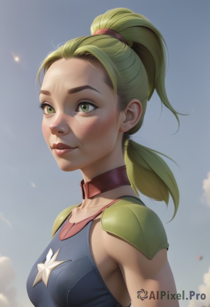 1girl,solo,long hair,breasts,smile,blonde hair,medium breasts,closed mouth,green eyes,upper body,ponytail,small breasts,outdoors,green hair,sky,sleeveless,choker,day,cloud,armor,from side,blue sky,lips,looking up,shoulder armor,freckles,pauldrons,nose,hair tie,artist name,blurry,realistic