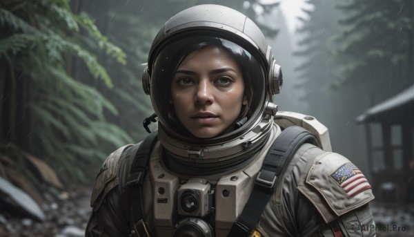 A astronaut captured in a enchanting rainy outdoors