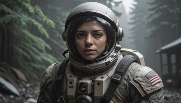 1girl,solo,looking at viewer,short hair,black hair,brown eyes,upper body,outdoors,armor,blurry,black eyes,tree,lips,wet,depth of field,blurry background,backpack,helmet,freckles,rain,realistic,dirty,american flag,spacesuit,dirty face,astronaut,parted lips,thick eyebrows,portrait,nature