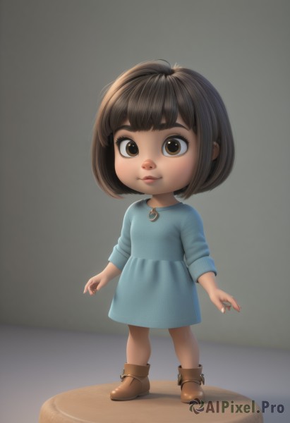 1girl,solo,looking at viewer,smile,short hair,bangs,brown hair,long sleeves,dress,brown eyes,jewelry,closed mouth,standing,full body,boots,grey background,necklace,lips,blue dress,brown footwear,child,female child,faux figurine,nose