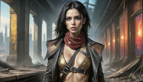 HQ,1girl,solo,long hair,breasts,looking at viewer,blue eyes,black hair,cleavage,medium breasts,jacket,upper body,open clothes,scarf,open jacket,lips,black jacket,makeup,scar,fire,bikini top only,scar on face,red scarf,realistic,nose,leather,ruins,leather jacket,short hair,swimsuit,bikini,small breasts,coat,breasts apart,open coat