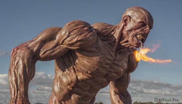 solo,open mouth,red eyes,1boy,upper body,male focus,outdoors,sky,teeth,day,blurry,blue sky,muscular,abs,fire,sharp teeth,muscular male,veins,monster,realistic,bald,burning,breathing fire,nude,blurry background,giant