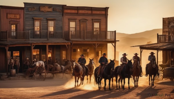 hat,outdoors,multiple boys,no humans,window,animal,ground vehicle,building,scenery,motor vehicle,6+boys,sunset,road,riding,house,horse,street,bicycle,horseback riding,town,people,storefront,multiple girls,boots,sky,shadow,6+girls,top hat,city,sign,multiple others,evening,cane,ambiguous gender,dusk,cart