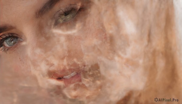 1girl,solo,looking at viewer,brown hair,green eyes,parted lips,teeth,blurry,lips,grey eyes,eyelashes,portrait,close-up,reflection,realistic,eye focus,open mouth,black hair,freckles,nose