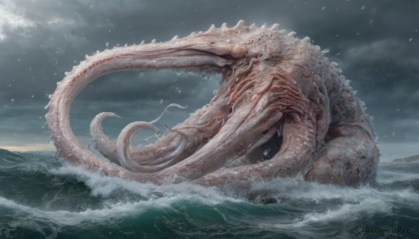 open mouth,outdoors,sky,teeth,cloud,water,wet,no humans,ocean,cloudy sky,sharp teeth,tentacles,monster,realistic,splashing,waves,grey sky,eldritch abomination,scenery