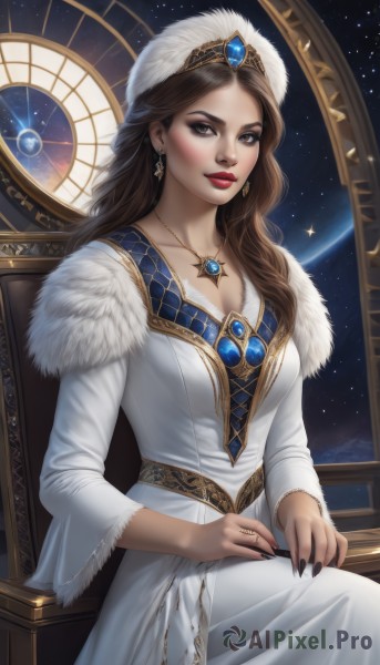 1girl,solo,long hair,breasts,looking at viewer,brown hair,long sleeves,hat,dress,cleavage,brown eyes,jewelry,medium breasts,sitting,collarbone,earrings,parted lips,sky,necklace,nail polish,white dress,lips,fur trim,makeup,white headwear,chair,ring,lipstick,gem,star (sky),black nails,pendant,eyeshadow,starry sky,clock,red lips,space,planet,fur hat,throne,artist name,fingernails,tiara,realistic,long dress