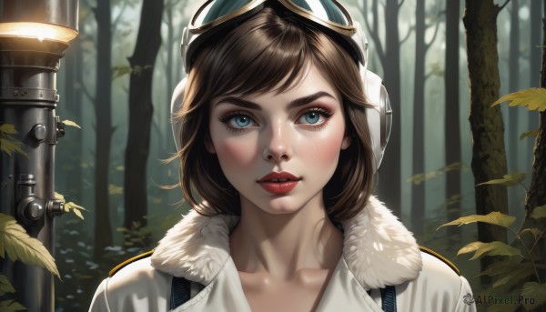 1girl,solo,looking at viewer,blush,short hair,bangs,blue eyes,brown hair,hat,collarbone,jacket,weapon,outdoors,parted lips,day,artist name,tree,lips,gun,fur trim,eyelashes,makeup,swept bangs,leaf,plant,goggles,portrait,nature,forest,freckles,goggles on head,realistic,nose,red lips,upper body,teeth,blurry,blurry background,sunlight,white jacket,thick eyebrows,lipstick,eyeshadow,light rays,mascara