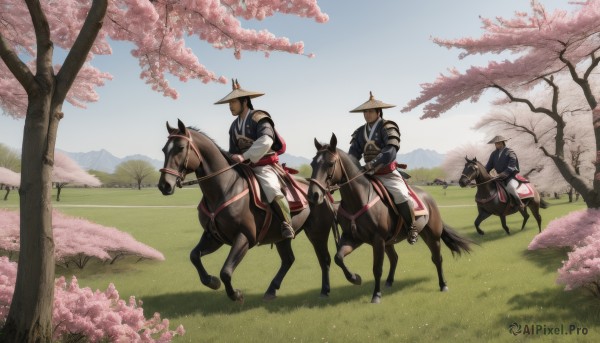 hat,holding,weapon,male focus,outdoors,japanese clothes,multiple boys,sky,day,sword,2boys,holding weapon,armor,tree,blue sky,animal,holding sword,helmet,grass,cherry blossoms,sheath,scenery,6+boys,riding,japanese armor,multiple others,horse,horseback riding,reins,saddle,gloves,long sleeves,cloud,petals,katana,walking,sheathed,bow (weapon),mountain,field,mountainous horizon,hill,samurai,spring (season)